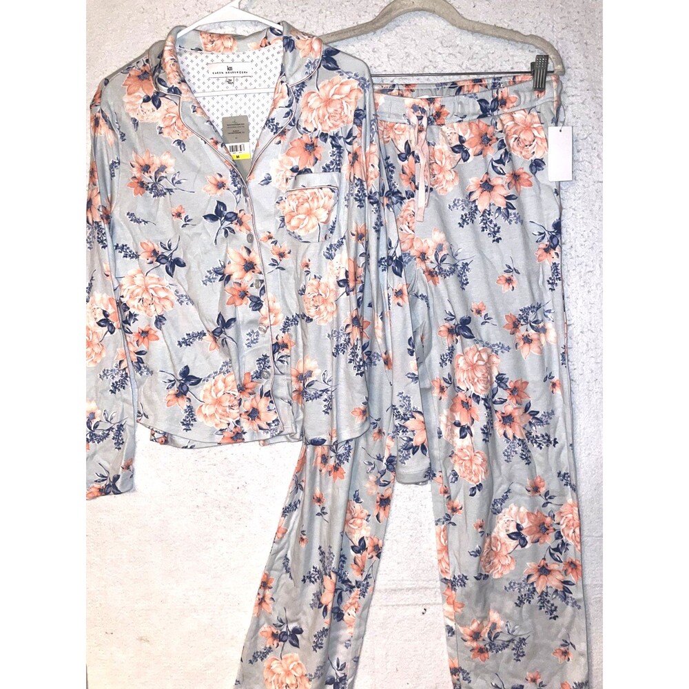 Karen Neuburger Blue Pink Rose Floral Knit Pajama Set M long sleeve pant cotton